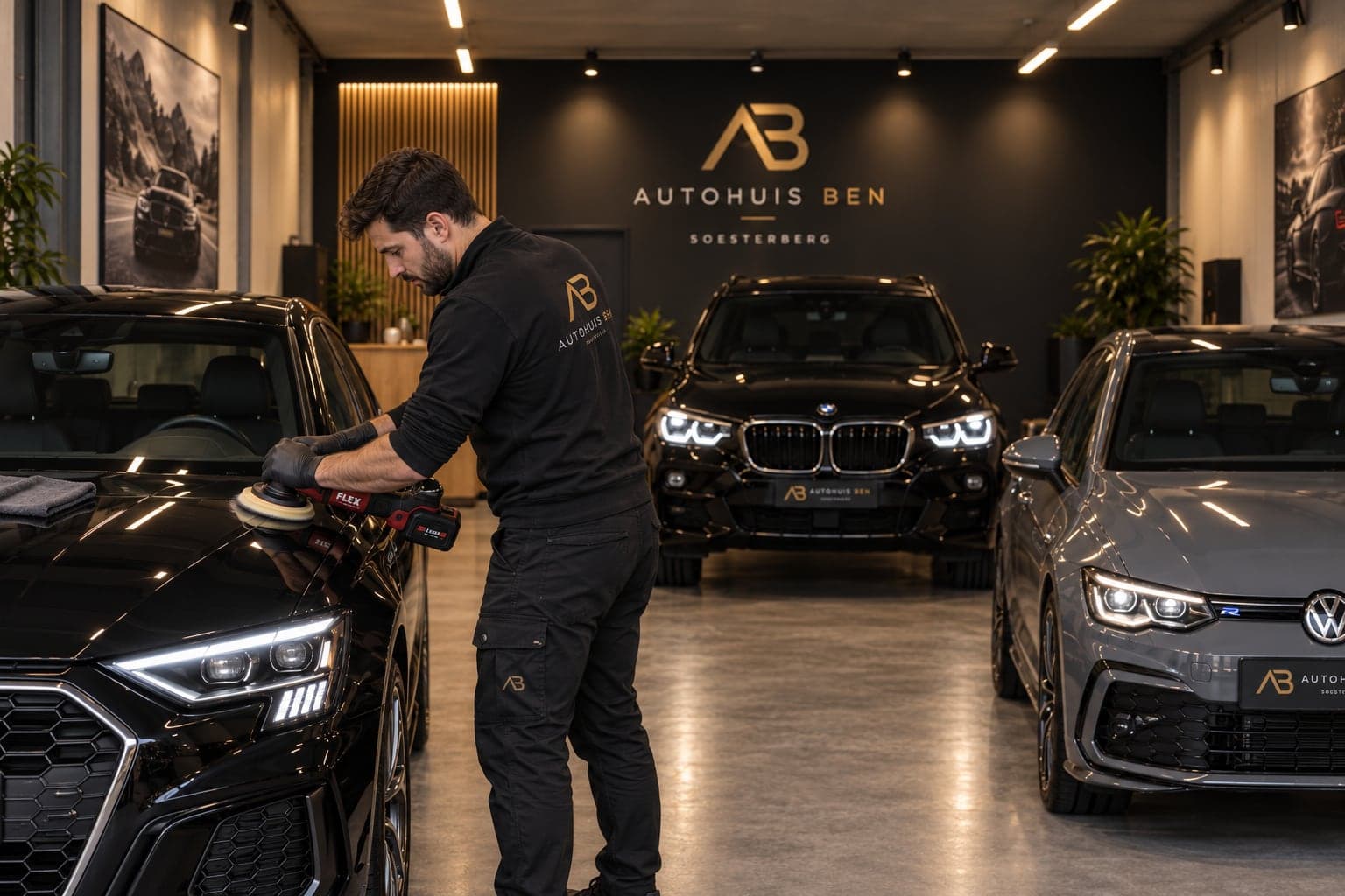 De motorkap van een zwarte Audi wordt gepolijst in de showroom van Autohuis Ben