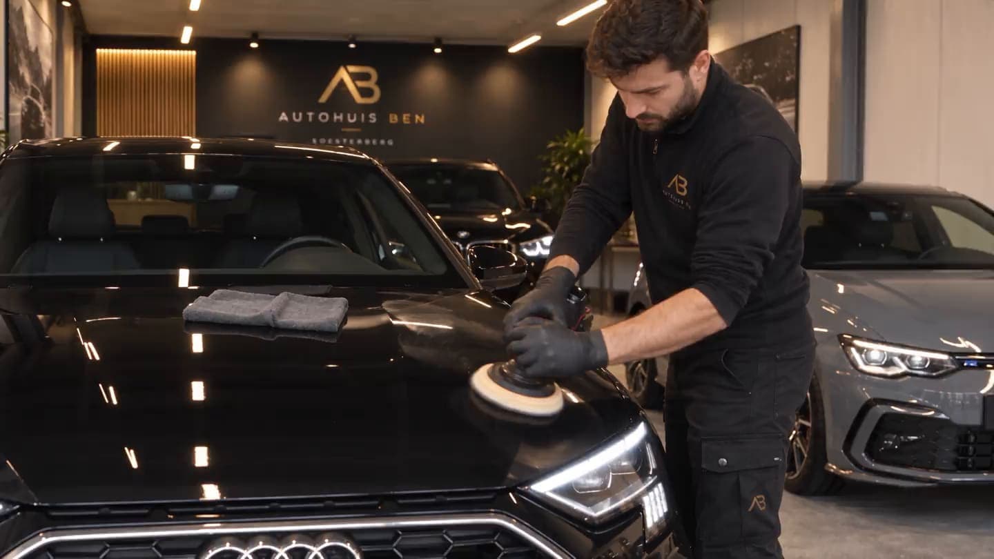 De motorkap van een zwarte Audi wordt machinaal gepolijst in de studio van Autohuis Ben